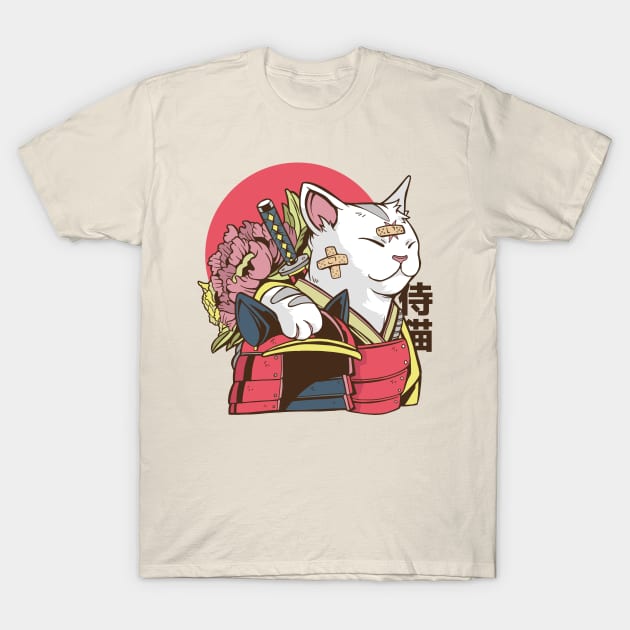 a samurai cat with bandages in its face T-Shirt by H K F